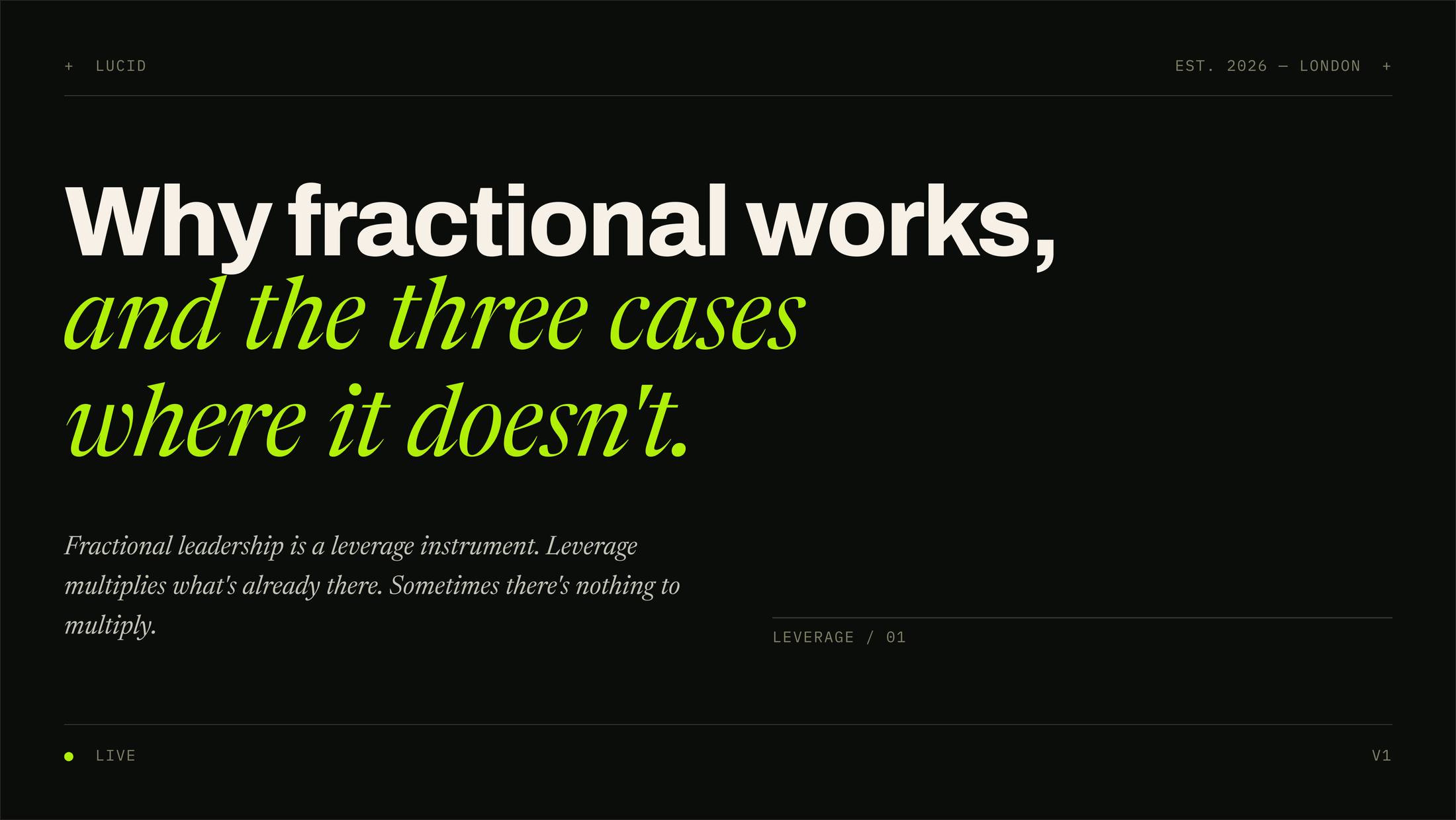 Title card reading Why fractional works, and the three cases where it doesn't, the second clause in acid green italic, above a standfirst noting that leverage only multiplies what is already there.