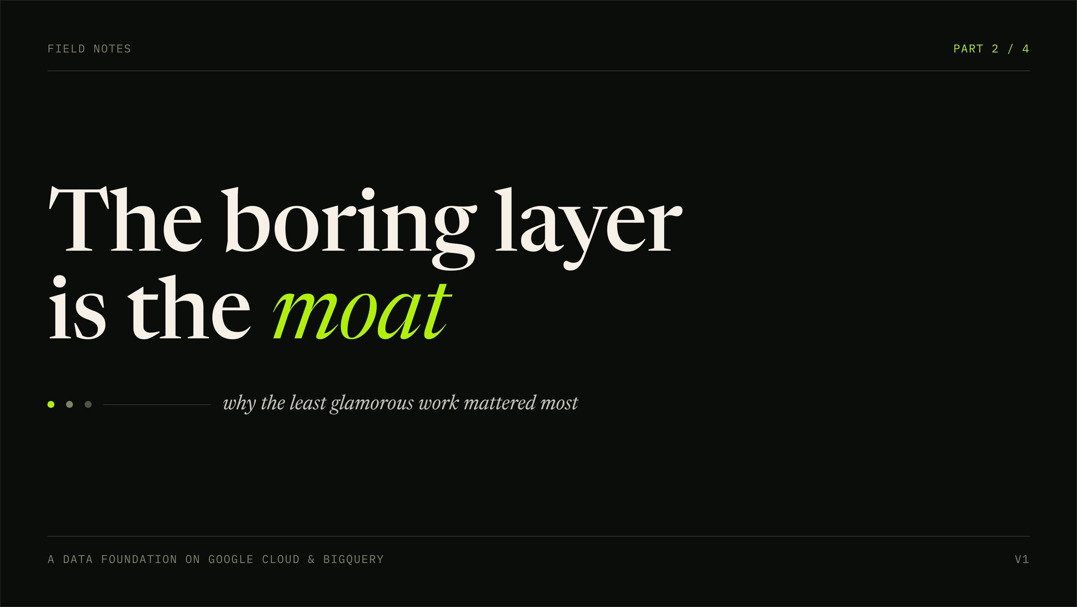 Field notes title card, part two of four, reading The boring layer is the moat with the word moat in acid green italic, subtitled: why the least glamorous work mattered most.