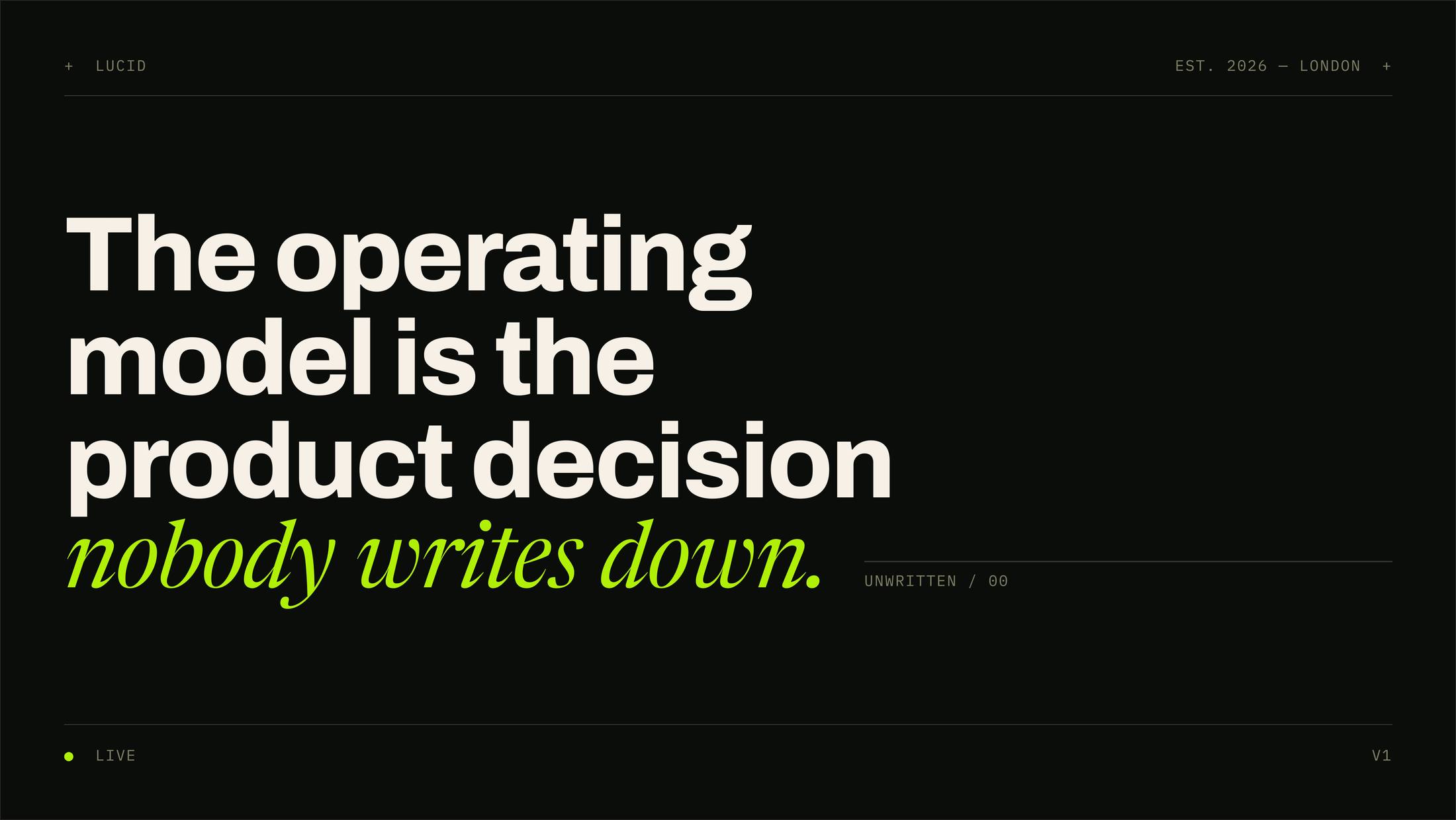 Title card reading The operating model is the product decision nobody writes down, with the closing phrase in acid green italic.